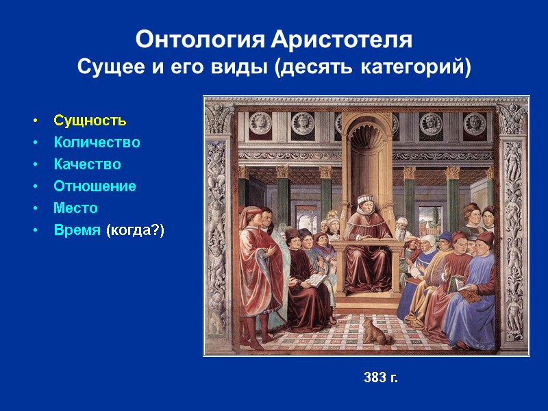Онтология Аристотеля Сущее и его виды (десять категорий) Сущность Количество Качество Отношение Место Время